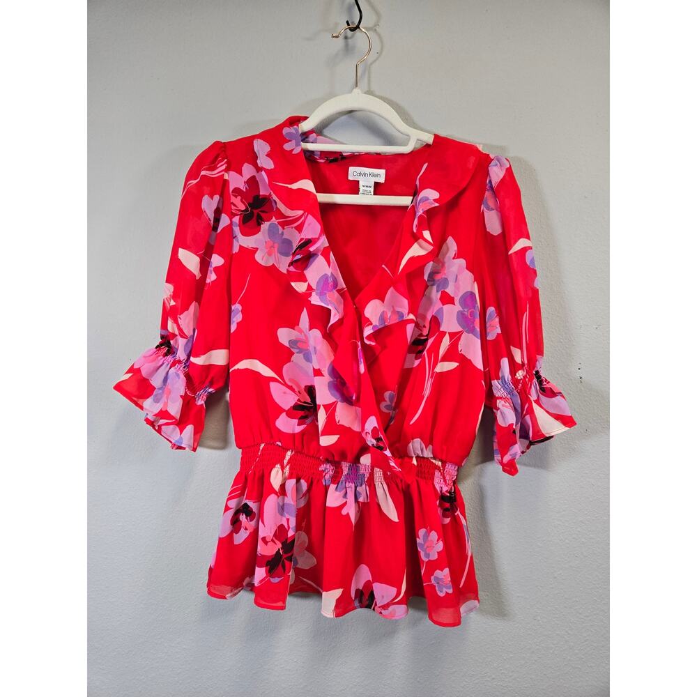 Calvin Klein Floral Ruffle Wrap Blouse Red Purple Short Sleeve Size M